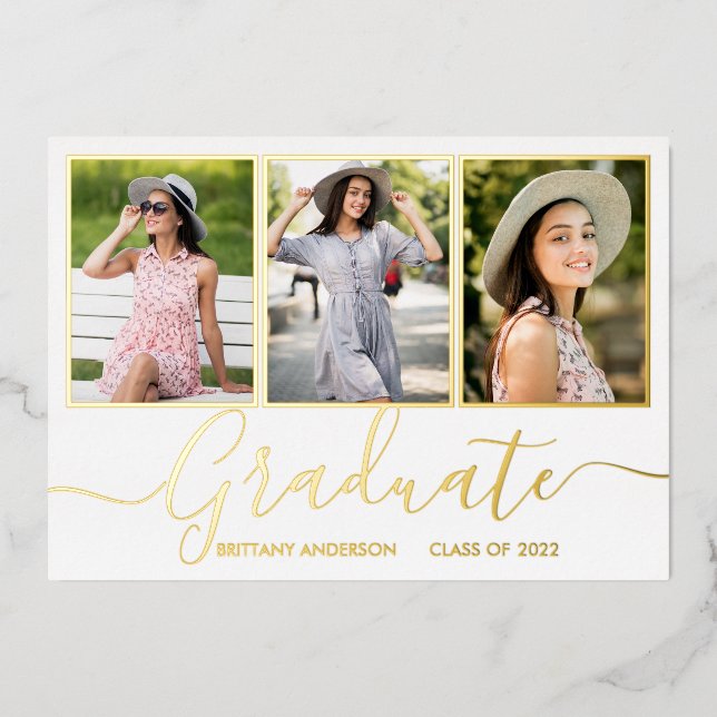 Gold Foil 3 Photo Graduation Announcement Card (Front)