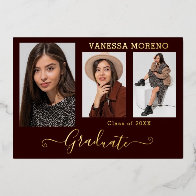 Gold Foil 3 Photo Modern Calligraphy Grad Card Bgy (Front)