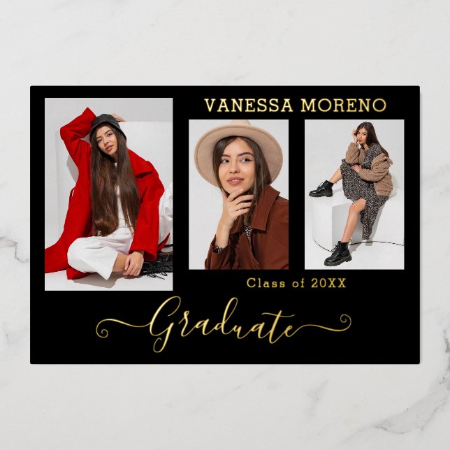 Gold Foil 3 Photo Modern Calligraphy Grad Card BxW (Front)