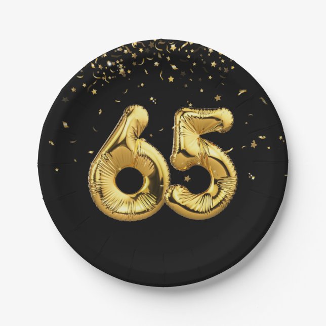 Gold Foil 65 Balloons And Confetti Paper Plate (Front)