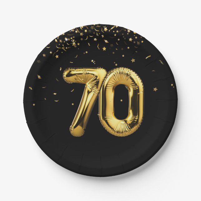 Gold Foil 70 Balloons And Confetti Paper Plate (Front)