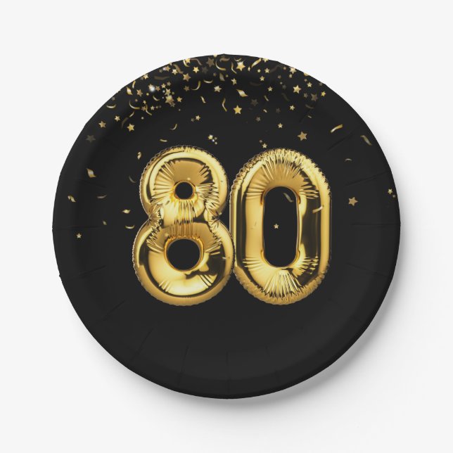 Gold Foil 80 Balloons And Confetti Paper Plate (Front)
