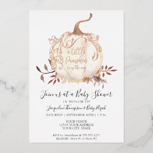 Gold Foil a Little Pumpkin Floral Leaf Baby Shower (Front)