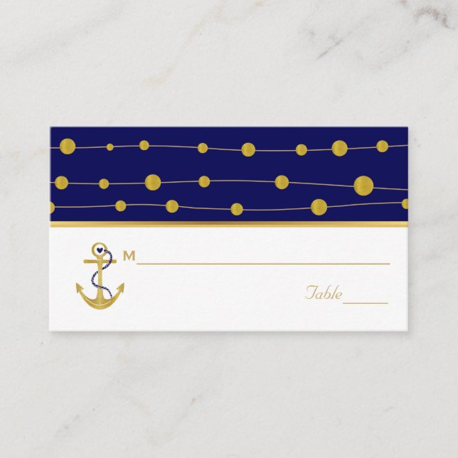Gold foil anchor nautical navy wedding place card (Front)