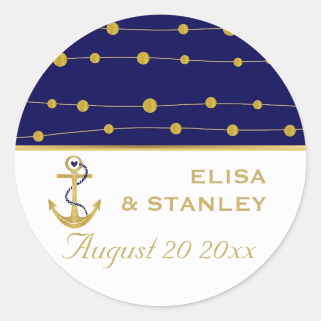 Gold foil anchor navy blue wedding Save the Date Classic Round Sticker (Front)