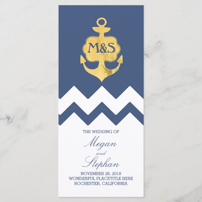 Gold Foil Ancre Marine Programmes de mariage nauti (Devant)