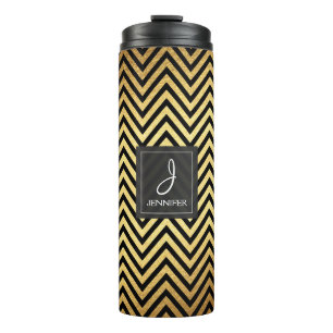 Gold Foil and Black Chevron Pattern Monogram Thermal Tumbler