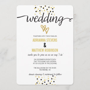 Gold Foil and Black Confetti Dots Wedding Invite