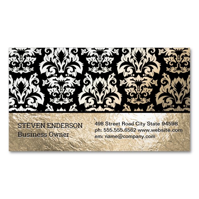 Gold Foil and Damask Pattern Magnetic Business Card (Front)