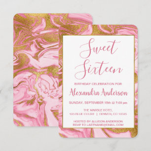Gold Foil and Hot Pink Marble Sweet 16 Birthday Invitation