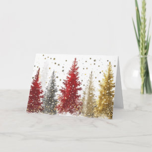 Gold Foil and Red Trees with Sparkling Snow Card