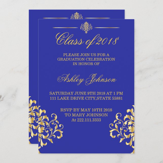 Gold foil and Royal Blue Graduation Invitation (Front/Back)