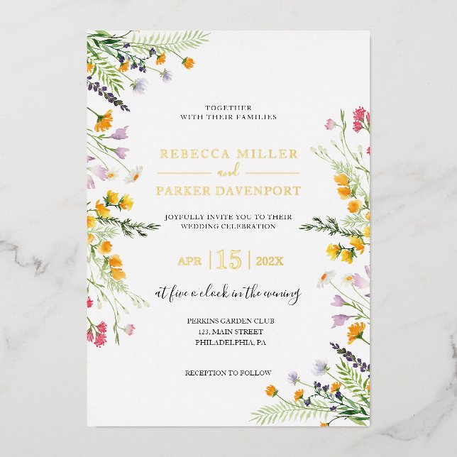 Gold foil anf wildflowers wedding invitation (Front)