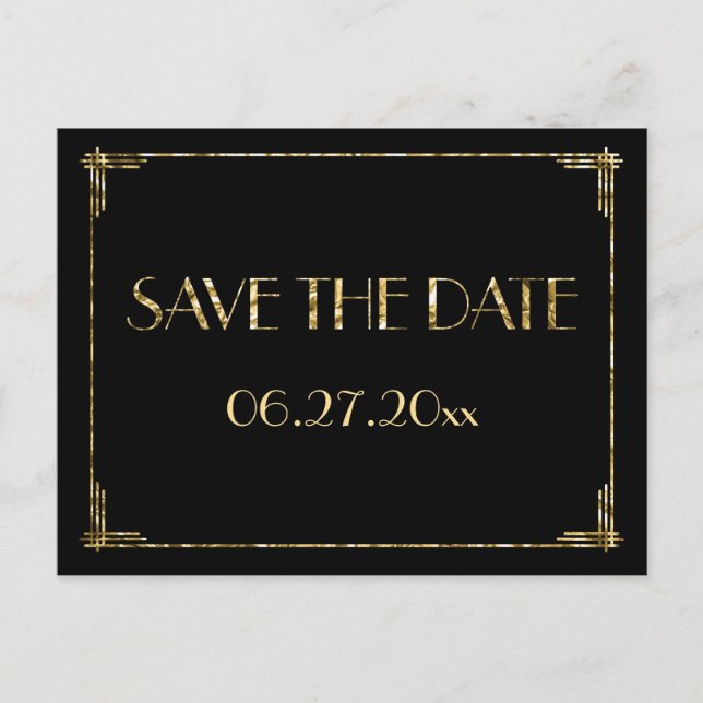 Gold Foil Art Deco Save The Date Postcards Black (Front)