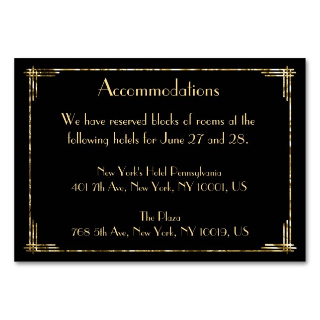 Gold Foil Art Deco Wedding Accommodation Table Number (Front)