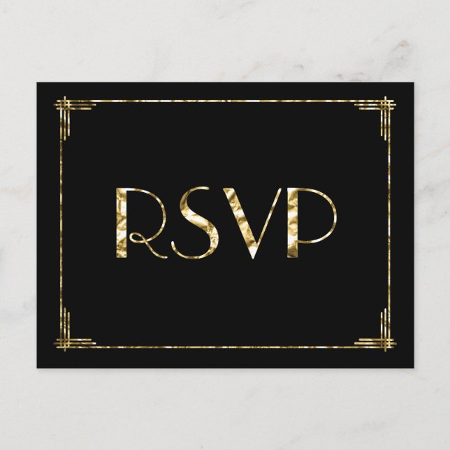 Gold Foil Art Deco Wedding RSVP Postcards Black (Front)