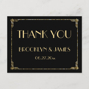 Gold Foil Art Deco Wedding Thank You Black Postcard