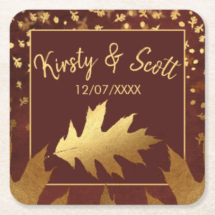 Gold Foil Autumn Fall Leaves Wedding Square Paper Coaster