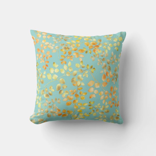 Gold Foil Autumn Fall Orange Brown Green Leaves Throw Pillow (Front)