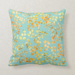 Gold Foil Autumn Fall Orange Brown Green Leaves Throw Pillow