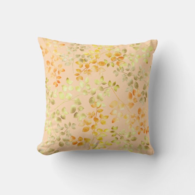Gold Foil Autumn Fall Orange Brown Green Leaves Throw Pillow (Front)