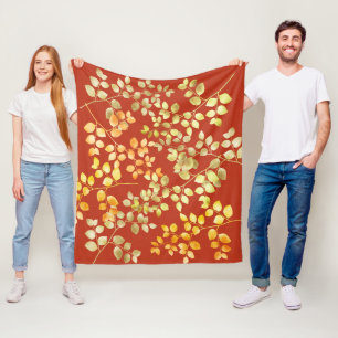 Gold Foil Autumn Leaves on Burnt Orange Fleece Blanket