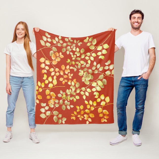 Gold Foil Autumn Leaves on Burnt Orange   Fleece Blanket (In Situ)