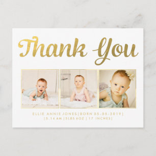 Gold Foil Baby Thank You Photo Frame Postcard