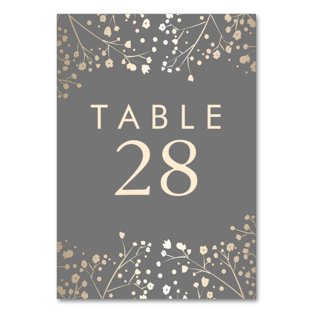 Gold Foil Baby's Breath Grey Wedding Table Number (Front)