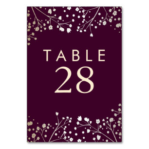 Gold Foil Baby's Breath Plum Wedding Table Numbers