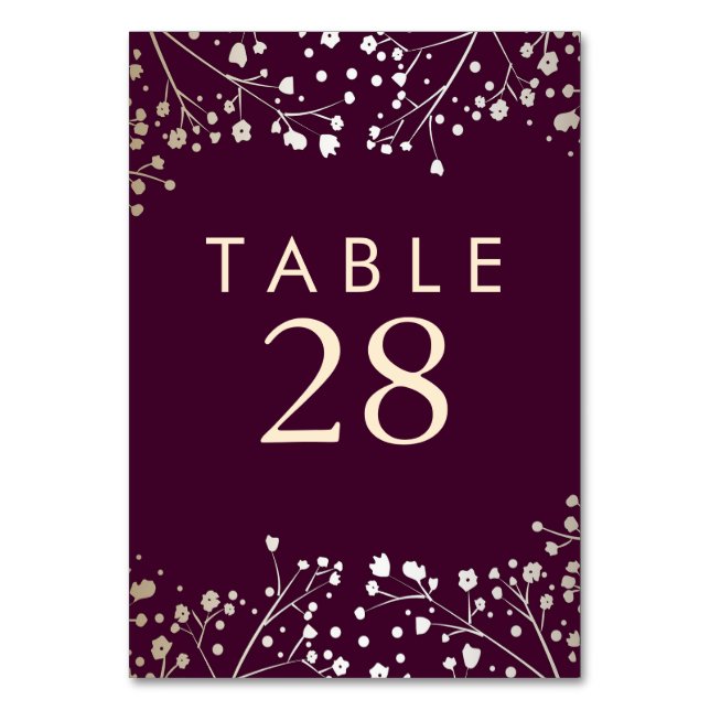 Gold Foil Baby's Breath Plum Wedding Table Numbers (Front)