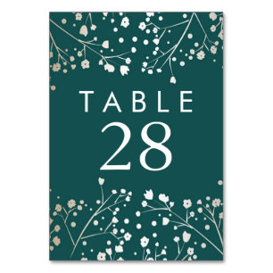 Gold Foil Baby's Breath Teal Wedding Table Numbers