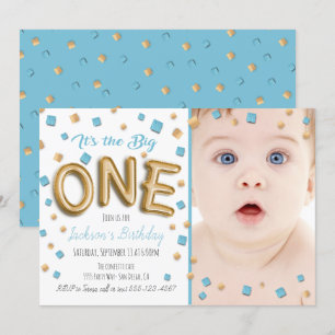 Gold Foil Ballon 1er Birthday Photo Invitation