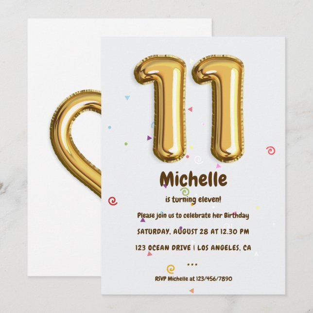 Gold Foil Balloon and Confetti 11th Birthday Party Invitation (Front/Back)