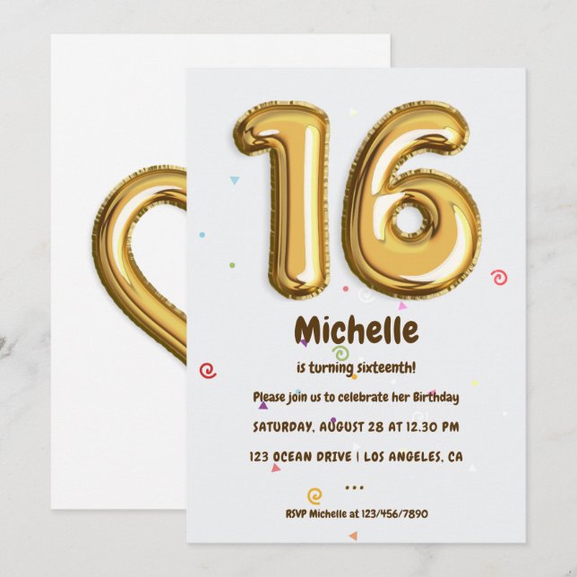 Gold Foil Balloon and Confetti 16th Birthday Party Invitation (Front/Back)