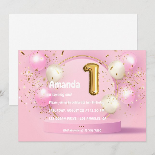 Gold Foil Balloon and Confetti 1st Birthday Invitation (Front/Back)