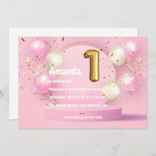 Gold Foil Balloon and Confetti 1st Birthday Invitation