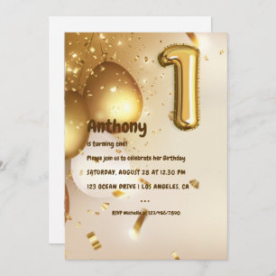 Gold Foil Balloon and Confetti 1st Birthday Invitation