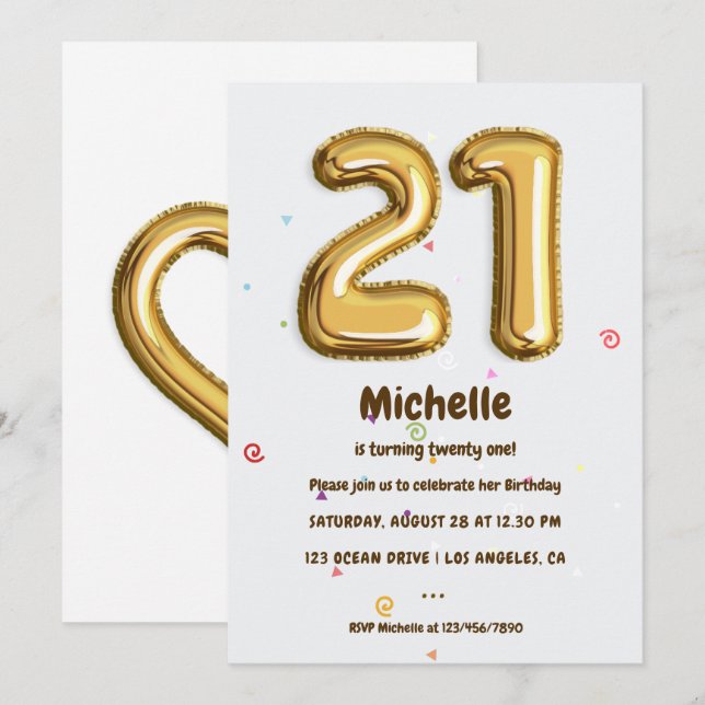 Gold Foil Balloon and Confetti 21st Birthday Party Invitation (Front/Back)