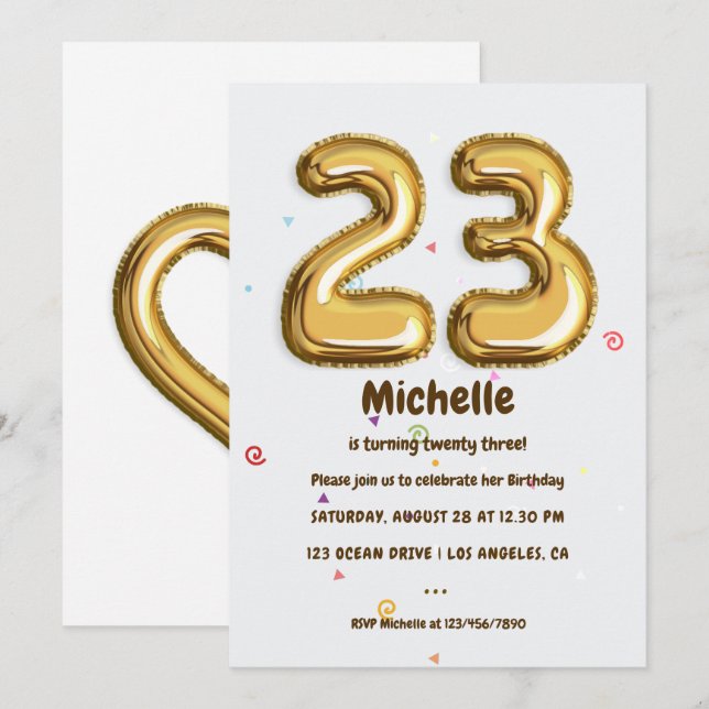 Gold Foil Balloon and Confetti 23nd Birthday Party Invitation (Front/Back)