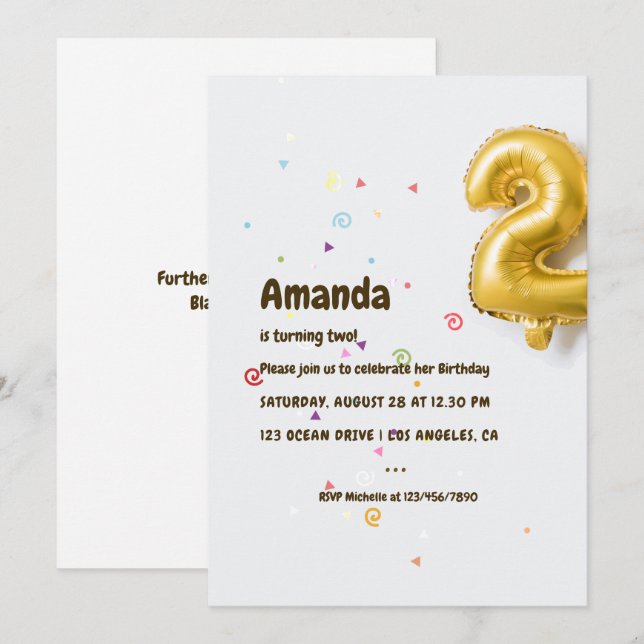 Gold Foil Balloon and Confetti 2nd Birthday Invitation (Front/Back)