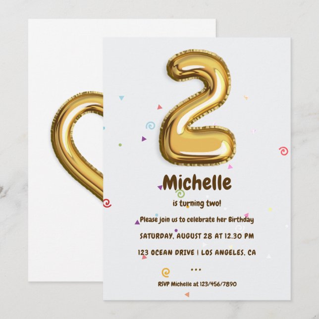 Gold Foil Balloon and Confetti 2nd Birthday Party Invitation (Front/Back)