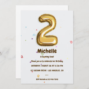 Gold Foil Balloon and Confetti 2nd Birthday Party Invitation