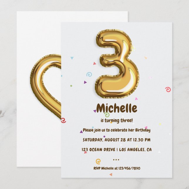 Gold Foil Balloon and Confetti 3rd Birthday Party Invitation (Front/Back)