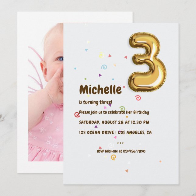 Gold Foil Balloon and Confetti 3rd Birthday Photo Invitation (Front/Back)