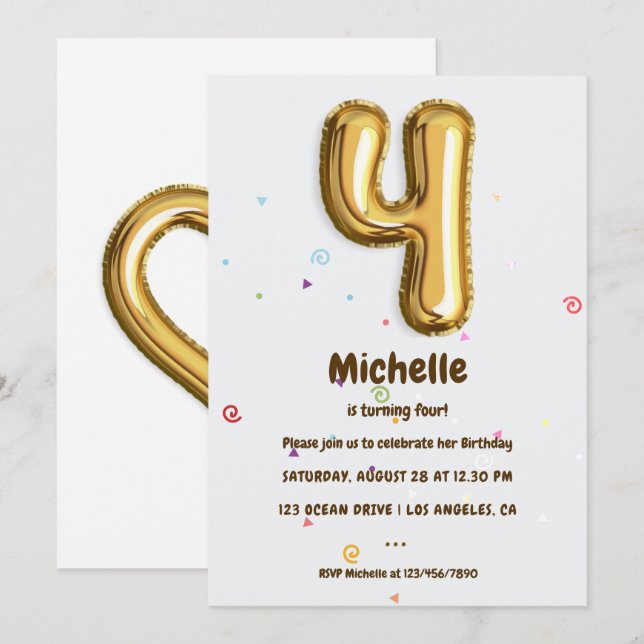 Gold Foil Balloon and Confetti 4th Birthday Party Invitation (Front/Back)