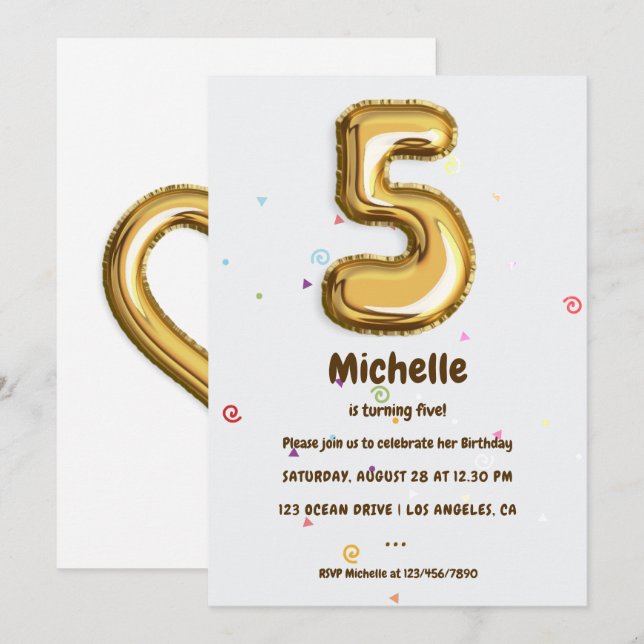 Gold Foil Balloon and Confetti 5th Birthday Party Invitation (Front/Back)