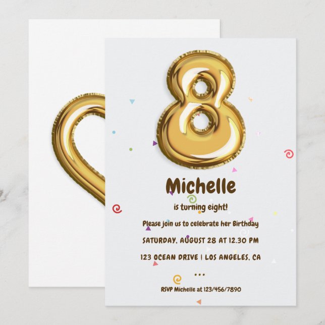 Gold Foil Balloon and Confetti 8th Birthday Party Invitation (Front/Back)
