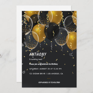 Gold Foil Balloon and Confetti Birthday Party Invi Invitation