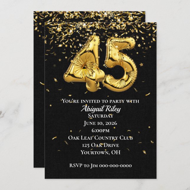 Gold Foil Balloons 45th Birthday Party Invitation (Front/Back)